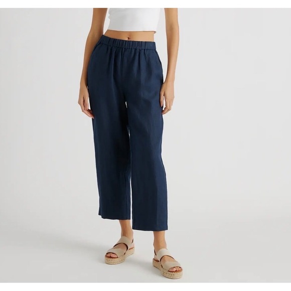 Quince Pants - Quince 100% European Linen Pants 25" Deep Navy Wide Leg Crop Pull On Small